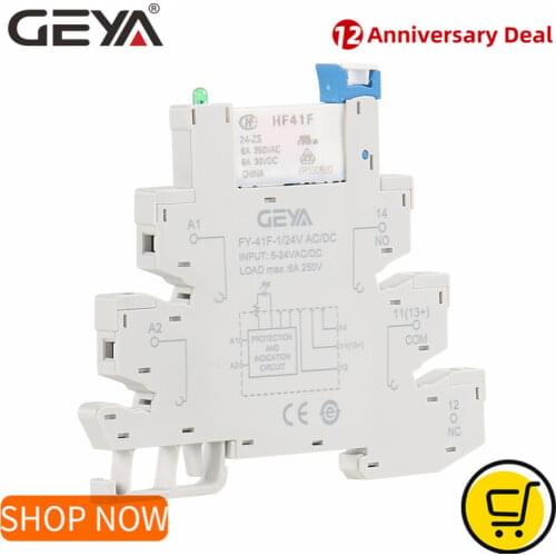 GEYA Slim Relay PLC Interface Hongfa Relay Screw Socket 6A Relay 24VDC/AC Relay Socket 6.2mm thickness