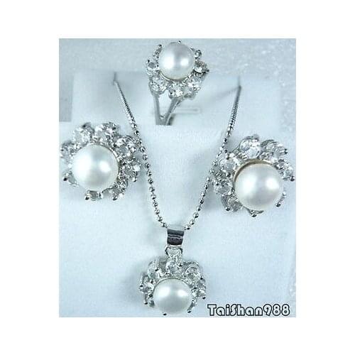 Hot sale Genuine White Pearl 18KWGP Crystal Pendant Necklace Ring Earrings set