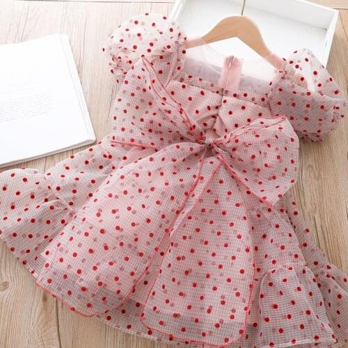 Girls' Summer New Fashion Polka Dot Dress Childrens Fashion Waist Cake Dresses Sweet Bubble Sleeve Mesh Kids Luxury Dress