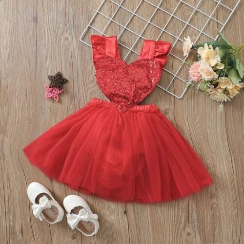 Summer Love Sequin Suspender Dress for Girl Solid Color Sleeveless Mesh Red Girls Dress