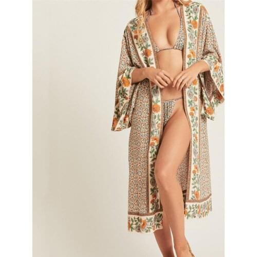 Summer Women Bikini Cover-Ups Floral Printed Long Sleeve Top Open Front Long Swimmwear Cover Up Cardigan Bikini Coat 2021 New