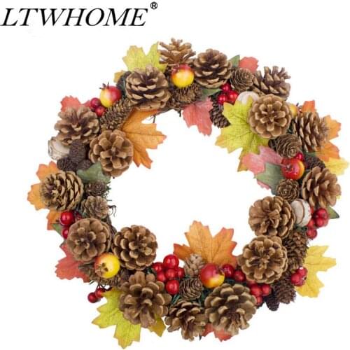 LTWHOME Hand Made Artificial 11.8" Autumn Full Fall Wreath Holiday Ornament with Maple Leafs and Red Berries, Model: AWPC