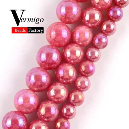 Natural Red Jades Plating AB Gem Baeds For Needlework Jewelry Making 4 6 8 10mm Round Spacer Beads DIY Necklaces Bracelets 15"