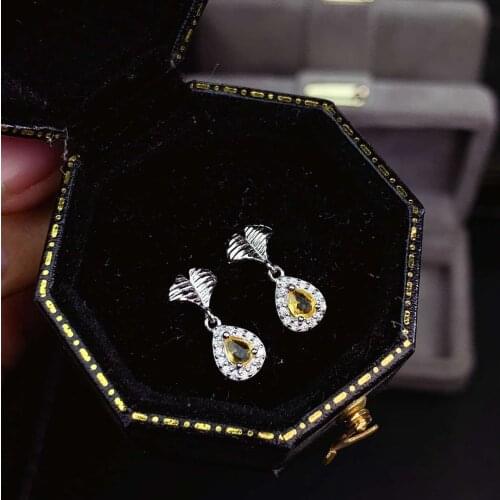 Natural yellow sapphire water drop earrings 925 silver natural gemstone earrings Fashion ginkgo leaf women party gift jewelry