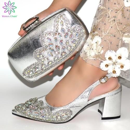 New Arrival Silver Color Italian Shoes with Matching Bags Set for Party Women Rhinestone Sandals