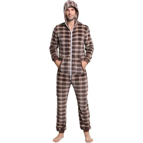 New Mens Jumpsuit Hoodie Plaid Flannel Pajamas Romper Man Body Onesie For Adults Clothes
