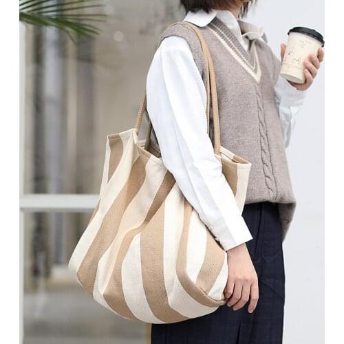Teenager Casual Canvas Tote Bag 2020 Women Leisure Big Capacity Striped Shopping Top-handle Bag Female Over Large Daily Handbag