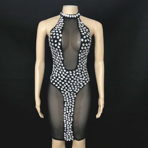 Silver Clear Rhinestone Black Transparent Sexy Dress Bar Women Dance Costume Evening Party Birthday Sleeveless Outfit