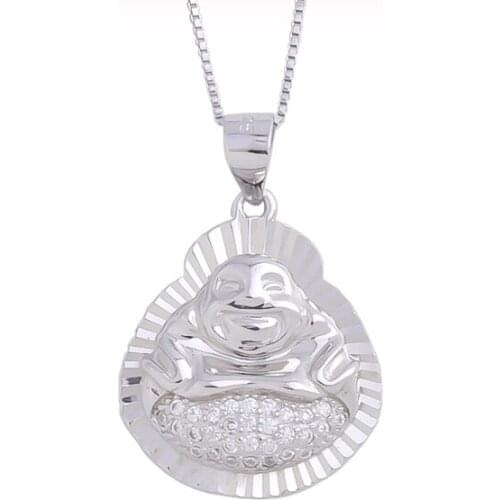 Pekurr 925 Sterling Silver Zircon Buddha Monk Silver Pendants Buddhism Necklaces Long Chain Collar Religion Jewelry