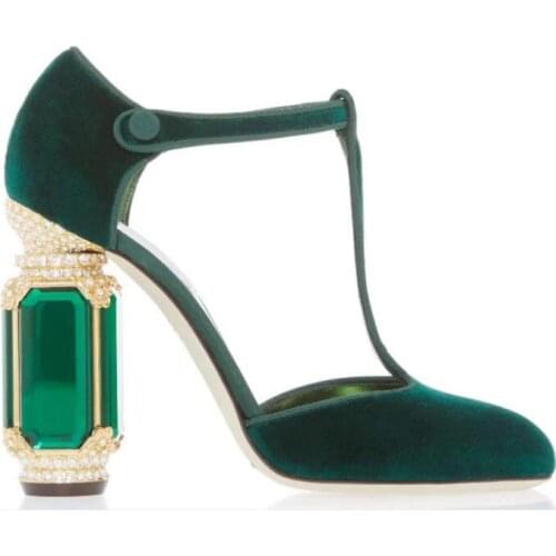 Carpaton Fashion Round Toe T-strap High Heel Shoes Vintage Velvet Crystal ThicK Heels Woman Pumps Buckle Strap Party Dress Shoes