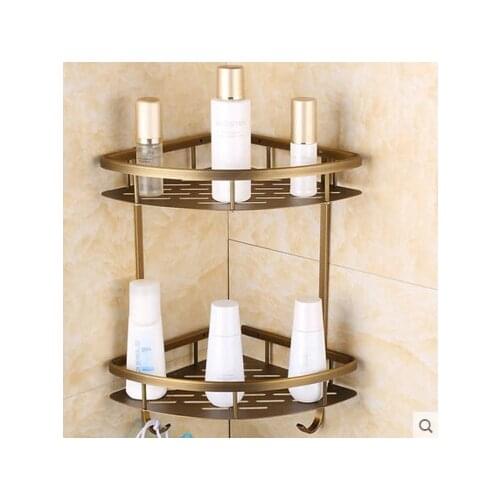 High Quality Aluminum double tiers bathroom Corner shelves with robe hook basket holder bathroom soap holder bath shampoo shelf