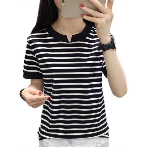 Women Summer Stripe Casual T Shirt 2020 Women O-Neck Short Sleeve T-Shirt Women Cotton Tops Female White Black Tees Shirts 5XL