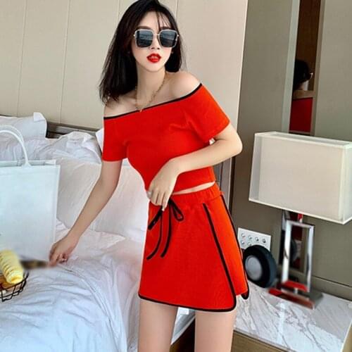 Women 2 Pcs Suit Slash Neck Short Sleeves T Shirt + Mini Skirt Two-Piece Set Sexy Slim Solid Color Clothing Sets With Bow