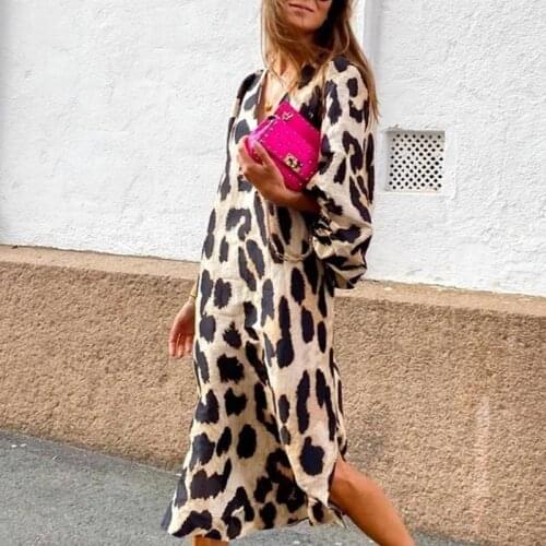Autumn New Sexy Leopard Print V Neck Long Dresses Casual Fashion Women Lantern Long sleeves Dresses Loose Elegant Party Dresses