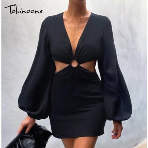 Tobnoone Solid Black Hollow Out Date Mini Dress Women Lantern Sleeve Soft Bodycon Dresses V Neck High Waist Sexy Party Vestidos