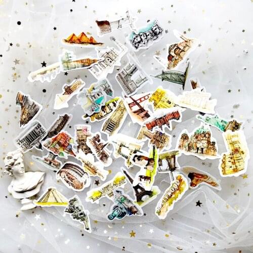 42pcs Travel Around The World Watercolor Hand-Painted Building Decorative Stickers Adhesive Stickers Decoration Diary Stickers