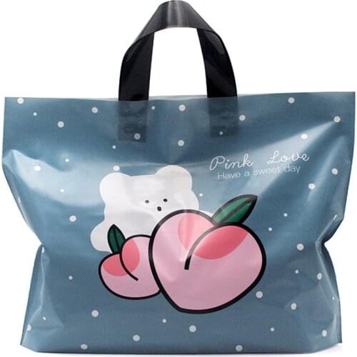 50Pcs 4 Sizes Gift Packaging Bag With Handle Peach Print Plastic Bags For Cosmetic Shopping Present Bags Birthday Party Bags