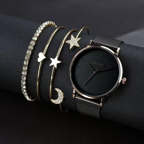Aishy 5 PCS Set Luxury Brand Rose Gold Minimalist Watches Women Ladies Crystal Bracelet Quartz Wrist Watch Relogio Feminino