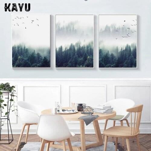 Forest Landscape Decorative Posters for Living Room Modern Sofa Background Wall Art Fog Bird Triptych Hanging Painting Prints