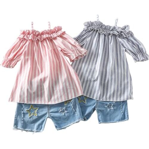 2 Pieces Kids Suit Set, Striped Off Shoulder Short Sleeve Tops+ Star Pattern Denim Shorts for Girls, 1-5 Years