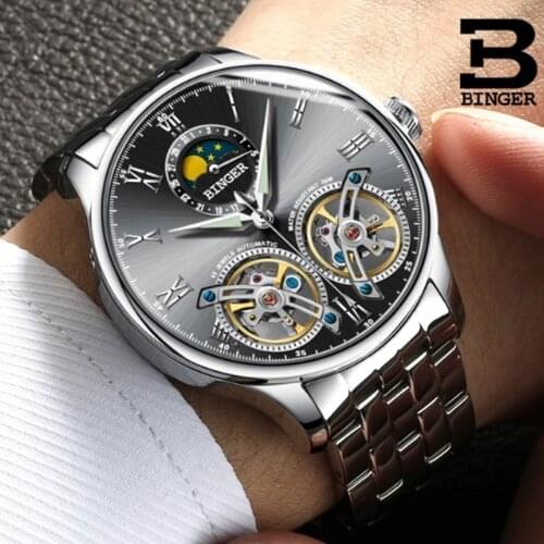 Double Tourbillon Switzerland men Watches BINGER Automatic Watch men Self-Wind Fashion Mechanical Wristwatch Leather clock reloj
