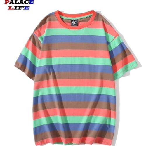 Summer stripe Loose T Shirt Men Cotton O-Neck Streetwear shirt Male Hip Hop Oversize Street Clothing Men Tee Shirt Top