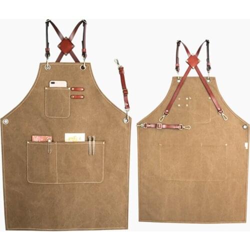 Khaki Gray Canvas Apron Leather Strap Barista Bartender Baker Chef Waitstaff Uniform Hairdresser Barber Florist Work Wear E28