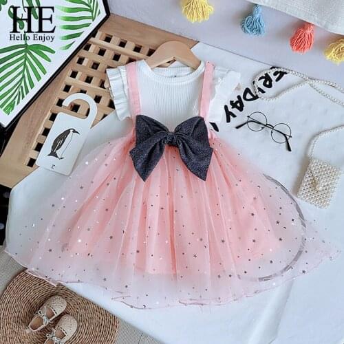 HE Hello Enjoy Toddler Baby Girls Clothes 2021 Summer Kids Sweet Tops Lace Mesh Overalls Dress 2pcs Princess Party Outfit Sets