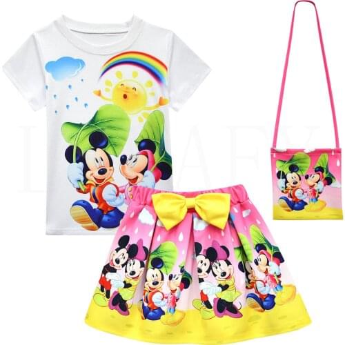 Disney Mickey Mouse Girls Clothing Sets Summer Short Sleeve T-shirt+Print Skirt Suit for Kids Clothing Sets Baby Clothes Outfits