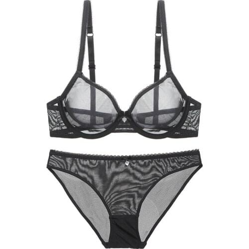 Classic Solid Black Brassiere Gauze See Through Bra Set Sexy Hollow Out Bras Transparent Underwear Sets For Women Lingerie 2020