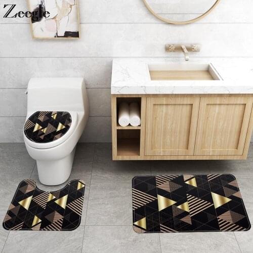 3pcs Abstract Geometric Bathroom Bath Mat U-Shaped Toilet Rugs Anti-slip Shower Room Foot Rug Home Decor Toilet Carpet Rugs