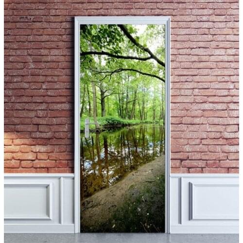 Creative Door Sticker Forest Stream Door Cover Wall Stickers Kitchen Wallpaper Renew Mural Decal Home Decor