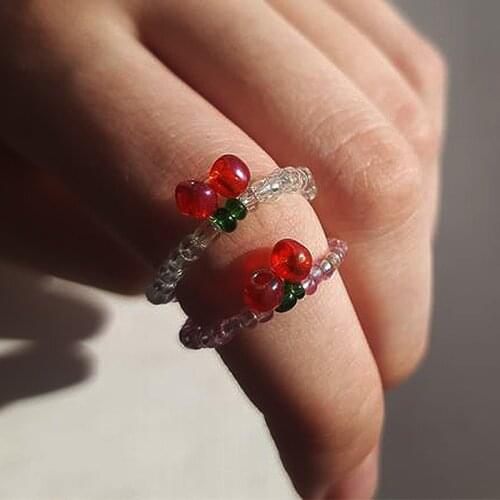 Trendy Decorative Transparent Resin Acrylic Beads Cherry Rings for Women Girl Adjustable Elastic Elegant Chic Party Ring Jewelry