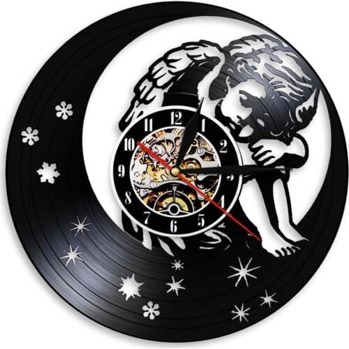 Sleeping Angle With Stars Wall Clock Nursery Wall Decor For Kids' Room Made From Vinyl Record 3D Wall Watches Handmade Gift Idea