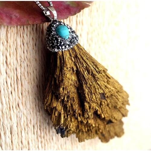Wholesale 6pc/lot Natural jades fan shaped black tourmaline stone pendant peacock tail necklace with encrusted DIY necklace