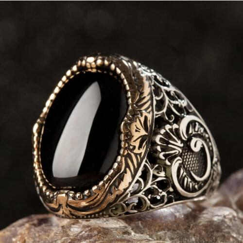 925 Sterling Silver Black Onyx Stone Mens Ring with Arabic V Letter Wav Letter Silver Ring for Men Onyx Gemstone ring