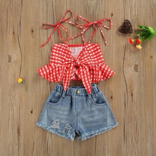 1-6Y Toddler Kids Baby Girl Sleeveless Plaid Tank Tops Denim Shorts Jeans 2PCS Outfits Summer Clothes Set