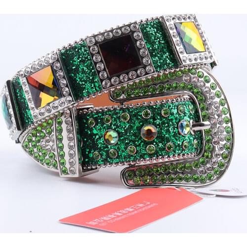 Green Square Diamond Luxury Western Belts Fashion Rhinestone Studded Belt for Women Men High Quality Cinto Waist Ceinture Femme