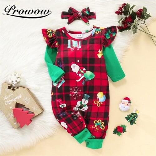 Prowow Plaid Baby Christmas Costume Flying Sleeve Newborn Jumpsuit For Kids Girls Clothing Santa Claus Baby Romper Infant Outfit