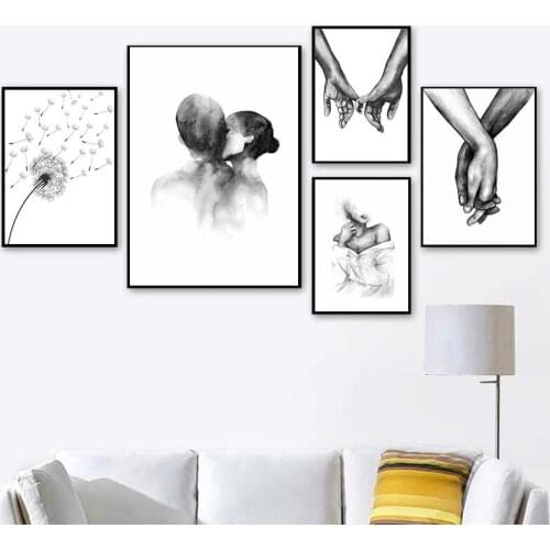 Self-adhesive Wall Sticker Romantic Hand In Hand Painting Love Quotes Wall Art Poster Print Picture Couples Lovers Room Decor