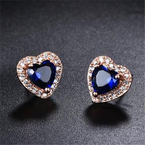 Blaike Simple Blue Heart Zircon Crystal Stud Earrings For Women Exquisite Rose Gold Earring Wedding Jewelry Valentines Day Gift