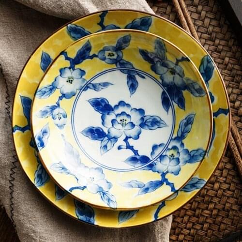 Yellow Color Peony Series, Underglaze Color Wavy Edge Deep Dish, Japanese Style Rice Bowl, Large Soup Bowl Ceramic Bowl Dishes