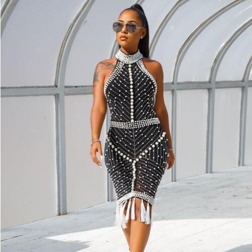 Europe fashion INS new hanging neck sleeveless diamond beaded light luxury dress sexy backless tight tassel bandage dress F1742