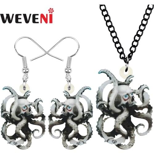 WEVENI Acrylic Halloween Octopus Skull Jewelry Sets Long Horror Earrings Necklace For Women Girls Kids Festival Gift Accessories