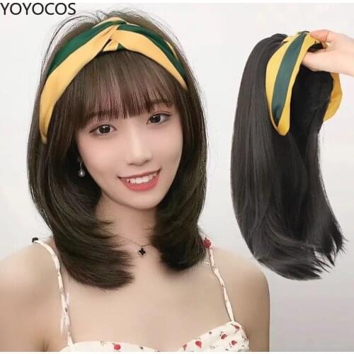 YOYOCOS Short Bobo Brown Synthetic Wig with Hair Band Bang Hairstyle for White Black Women Natural Hair Heat Resistant Halloween