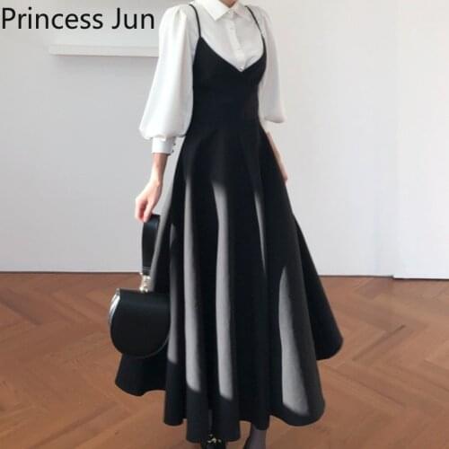 French Fashion Women Elegant Two Piece Sets Puff Sleeve White Shirt&Back Bow Black A Line Strap Skirt 2pc Dress Suits Outfits