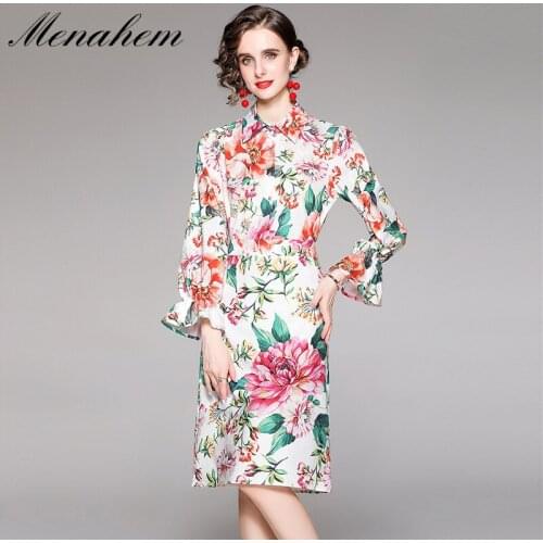 Menahem Autumn Holiday Floral Print Suit Women Runway Turn Down Collar Long Flare Sleeve Shirt Blouse + Midi Skirt Two-Piece Set