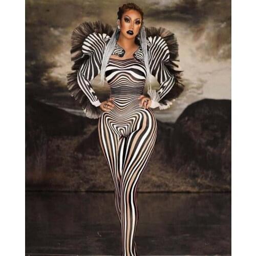 New Style Zebra Pattern Jumpsuit Women Singer Sexy Stage Outfit Bar DS Dance Cosplay Bodysuit Costume Prom Clothes
