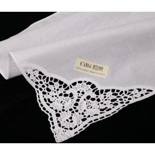 D602-C: 12 piece white premium cotton lace wedding handkerchiefs blank crochet hankies for women/ladies wedding gift