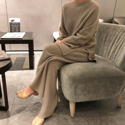 2021 Autumn Winter Women Sweater Pants Suits Fashion Thicked Warm Split Knitting Loose Pullovers + Wide Leg Pants Set Tracksuit